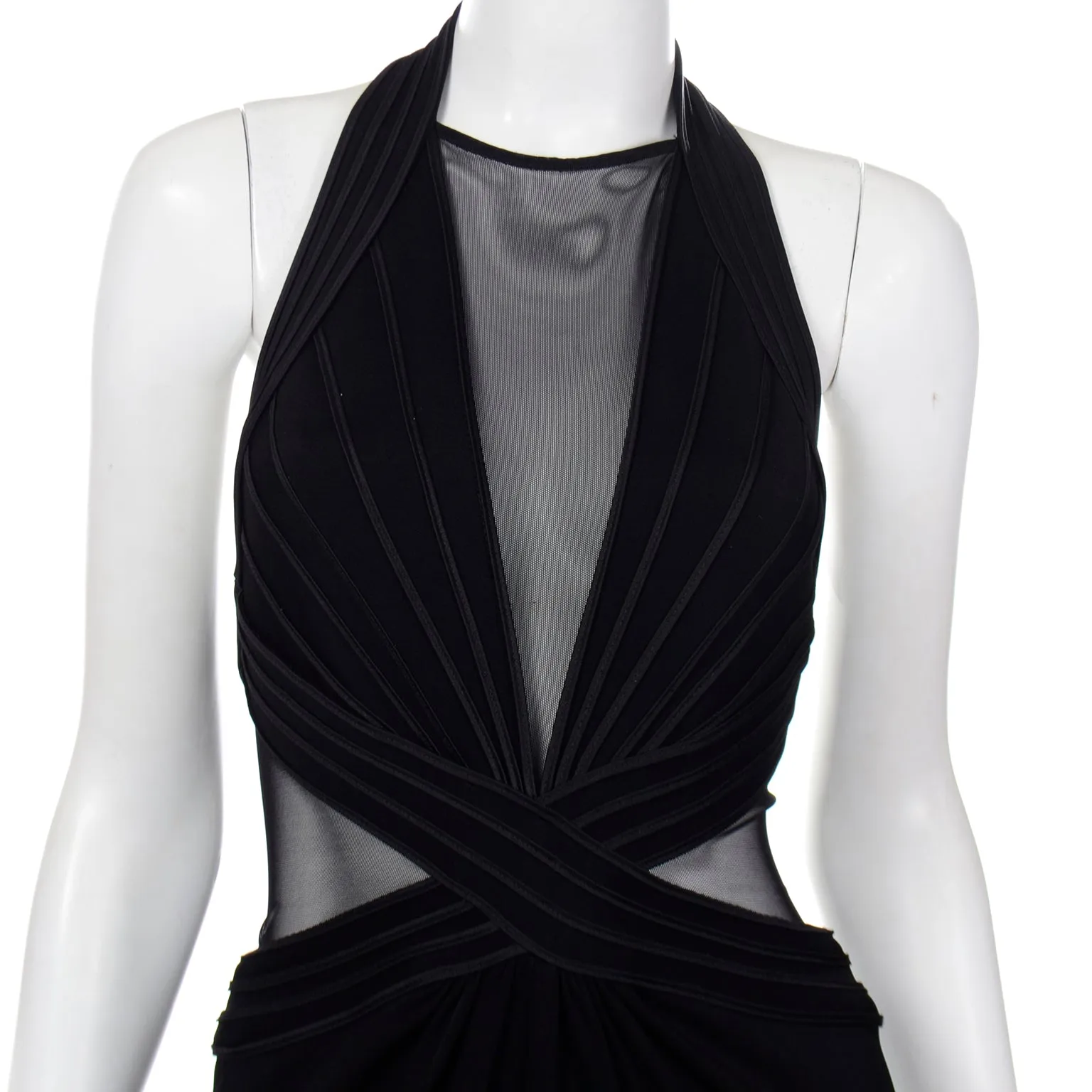 1990s Tadashi Long Black Evening Dress w Sheer Mesh Panels