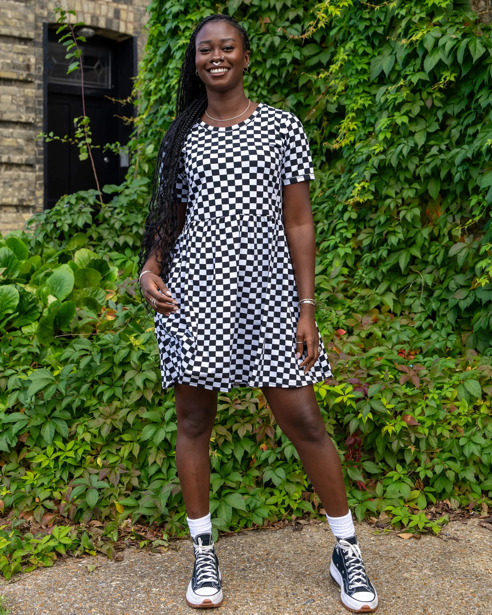 Black and White Checkerboard Oversized Smock Dress