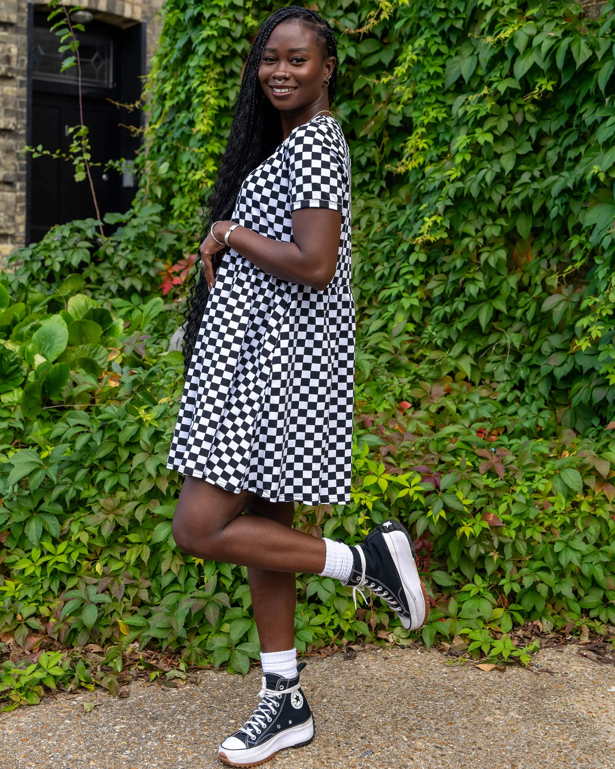Black and White Checkerboard Oversized Smock Dress