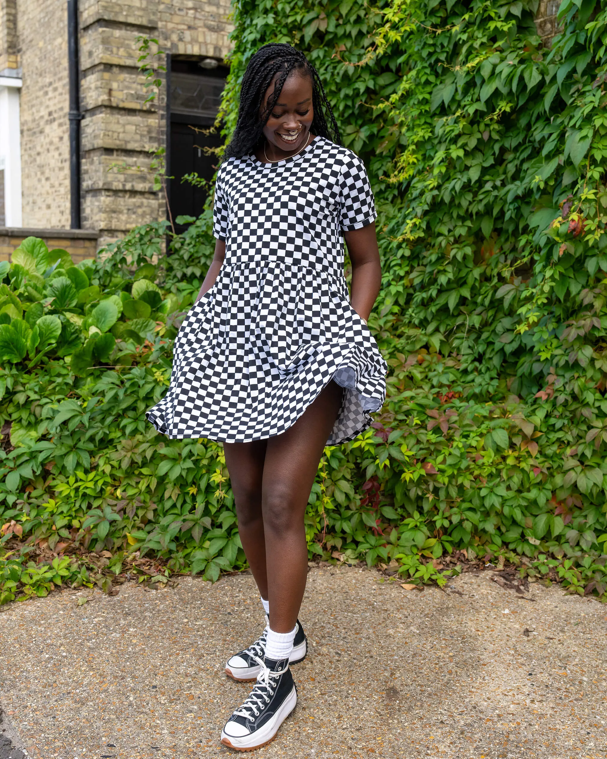 Black and White Checkerboard Oversized Smock Dress