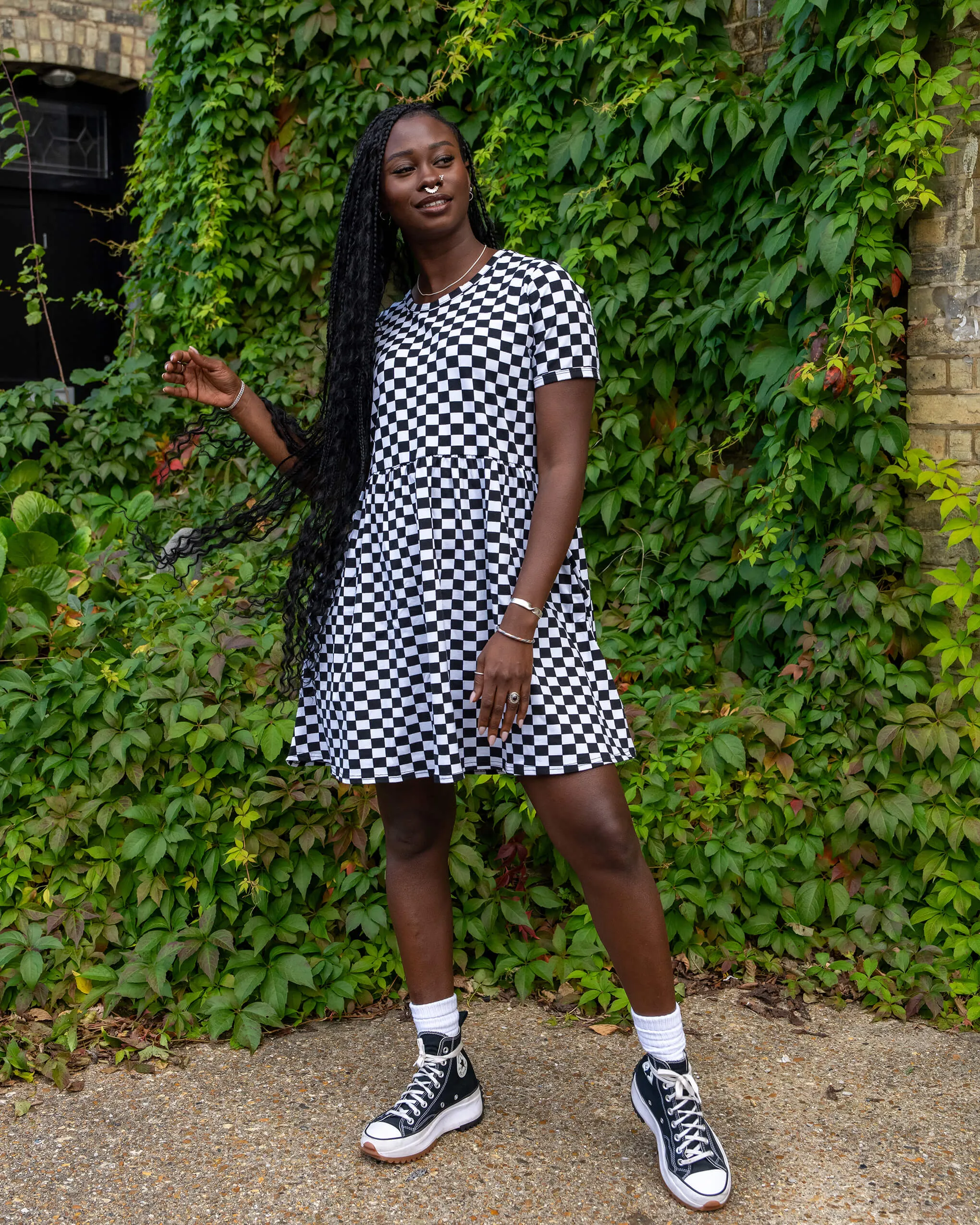 Black and White Checkerboard Oversized Smock Dress