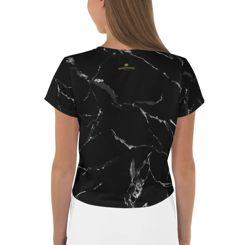 Black Marble Crop Tee, Best Black and Grey Abstract Marble Print Women's Crop Short T-Shirt-Made in USA/EU