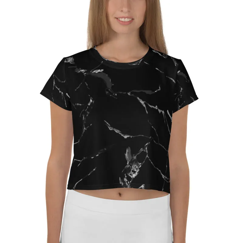 Black Marble Crop Tee, Best Black and Grey Abstract Marble Print Women's Crop Short T-Shirt-Made in USA/EU