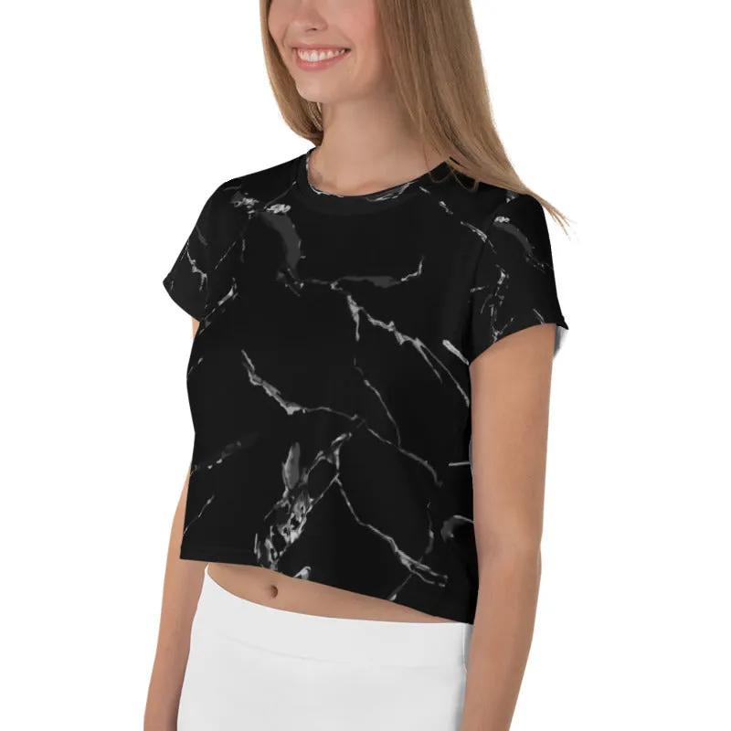 Black Marble Crop Tee, Best Black and Grey Abstract Marble Print Women's Crop Short T-Shirt-Made in USA/EU
