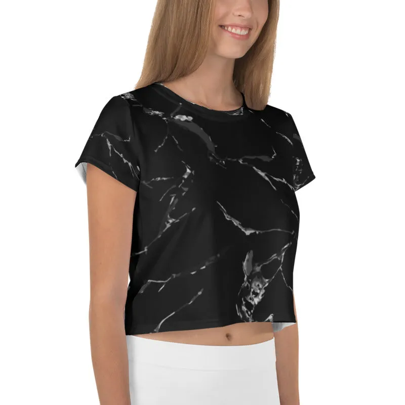 Black Marble Crop Tee, Best Black and Grey Abstract Marble Print Women's Crop Short T-Shirt-Made in USA/EU