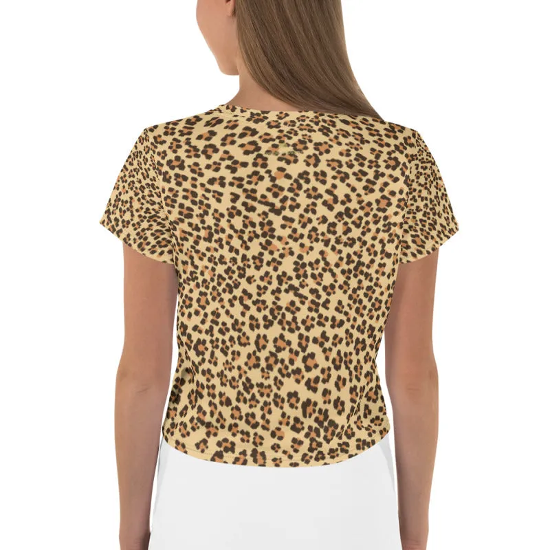 Brown Leopard Print Crop Tee, Animal Print Cropped Women's T-Shirt-Made in USA/EU