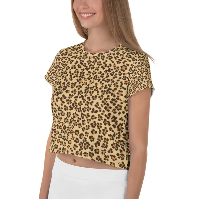 Brown Leopard Print Crop Tee, Animal Print Cropped Women's T-Shirt-Made in USA/EU
