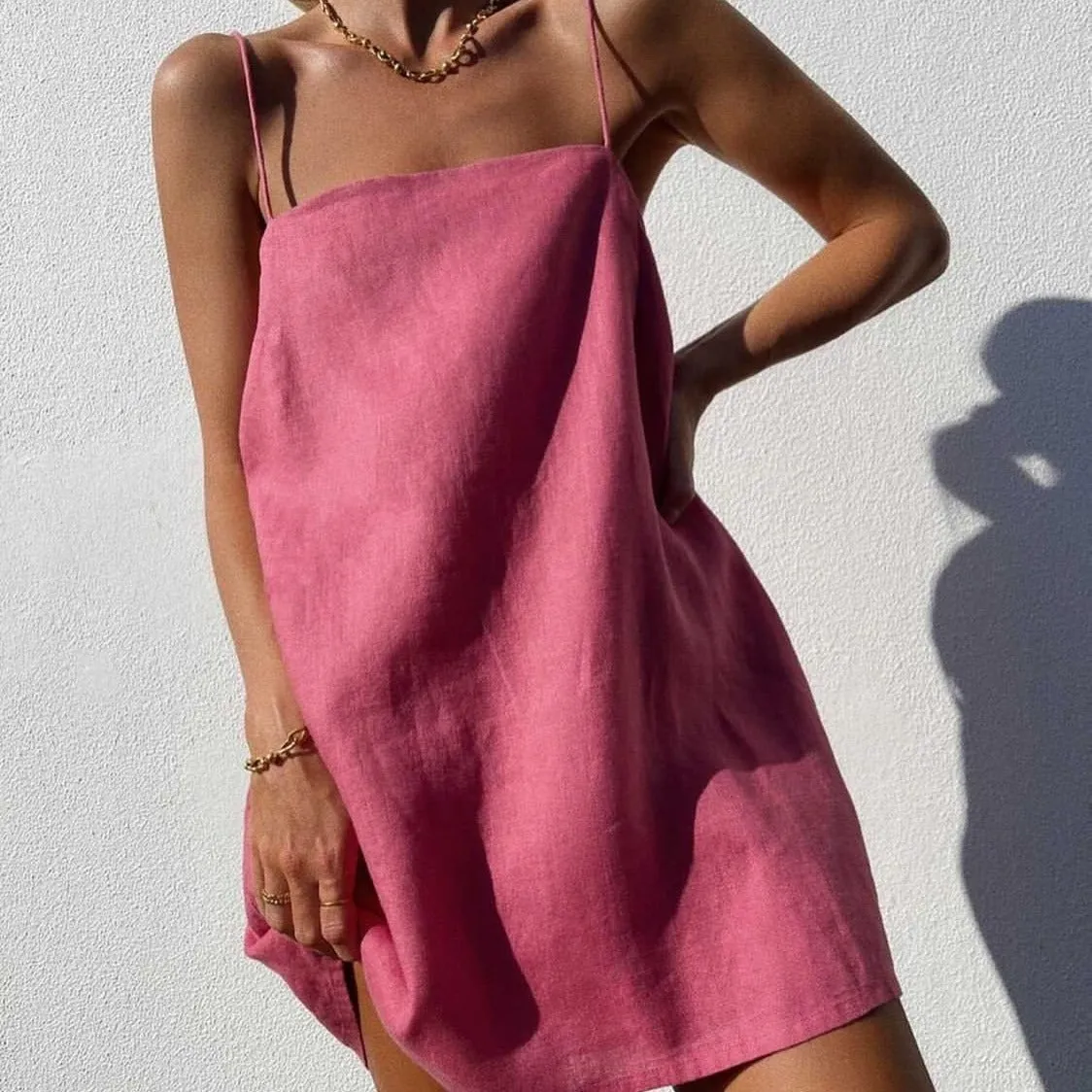 Cotton And Linen Square Neck Mini Dress