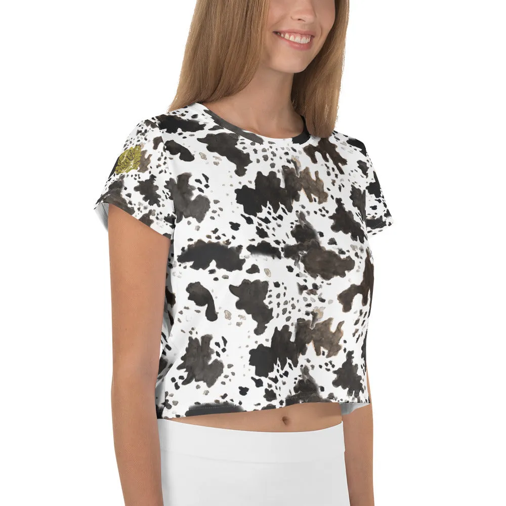Cow Print Crop Top, Cow Print White Brown Black Animal Print Crop Tee Women's T-Shirt