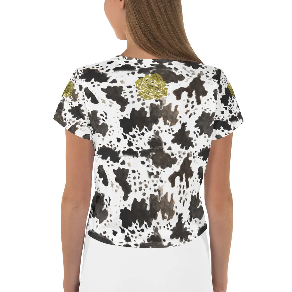 Cow Print Crop Top, Cow Print White Brown Black Animal Print Crop Tee Women's T-Shirt