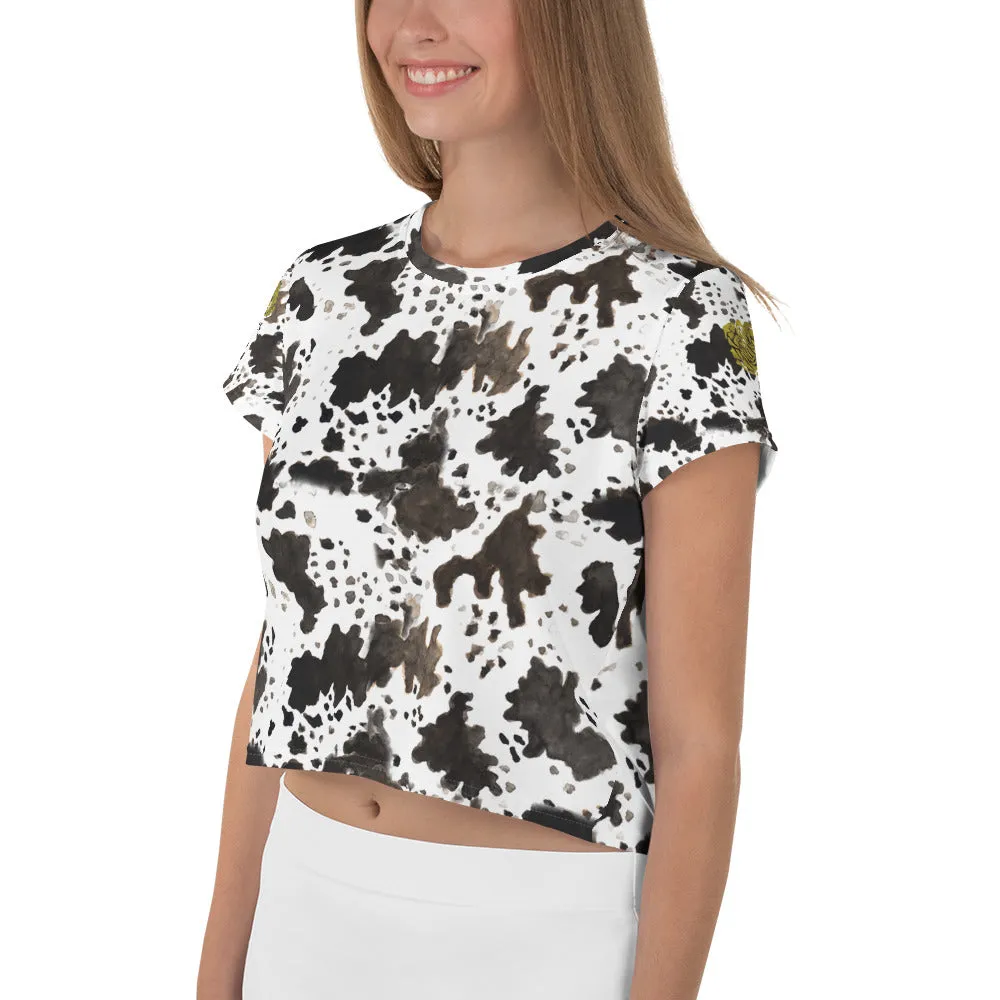 Cow Print Crop Top, Cow Print White Brown Black Animal Print Crop Tee Women's T-Shirt