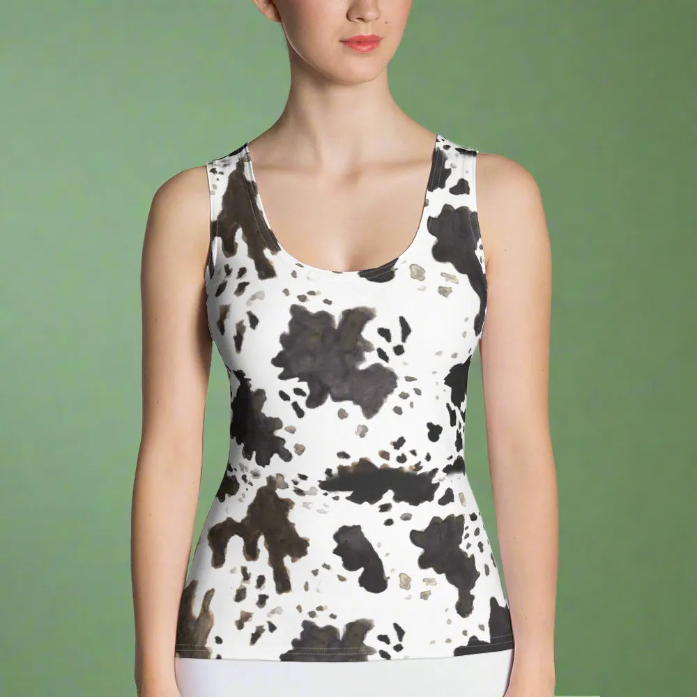 Cow Print Ladies Tank, Comfy Stretchy Soft Crew Neck Fitted Women's Tank Top, Made in USA