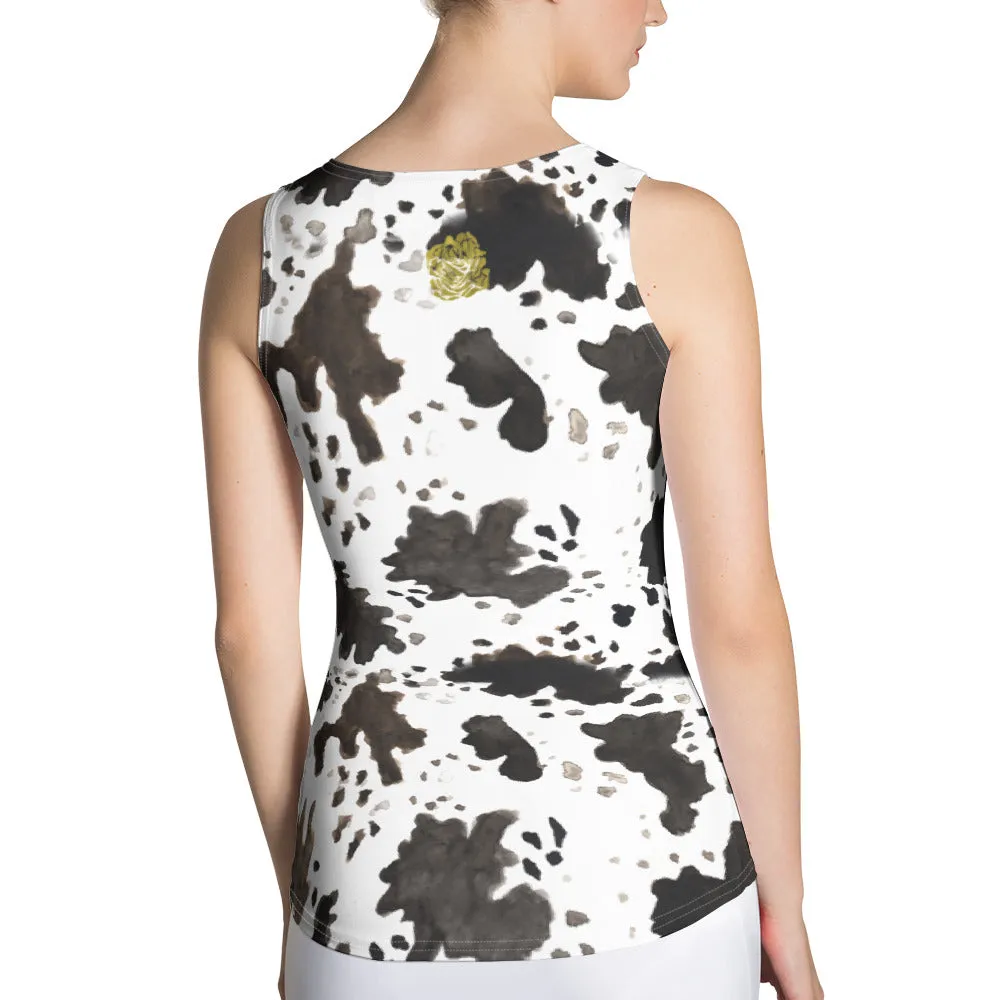 Cow Print Ladies Tank, Comfy Stretchy Soft Crew Neck Fitted Women's Tank Top, Made in USA