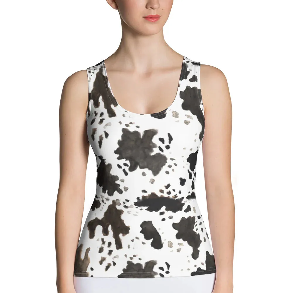 Cow Print Ladies Tank, Comfy Stretchy Soft Crew Neck Fitted Women's Tank Top, Made in USA