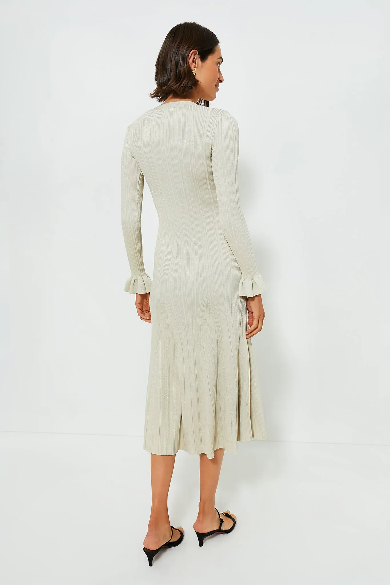 Cream Metallic Ribbed Midi Dress