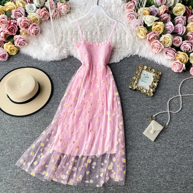 deanwangkt Slip Dress Long Mesh Floral Dress Women Vintage Elegant Sexy Beach Dresses Woman Party Night  Korean Kawaii Ruffle Backless