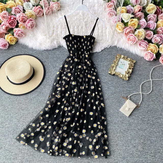 deanwangkt Slip Dress Long Mesh Floral Dress Women Vintage Elegant Sexy Beach Dresses Woman Party Night  Korean Kawaii Ruffle Backless