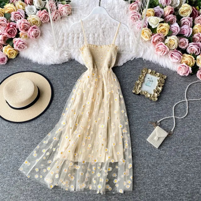 deanwangkt Slip Dress Long Mesh Floral Dress Women Vintage Elegant Sexy Beach Dresses Woman Party Night  Korean Kawaii Ruffle Backless