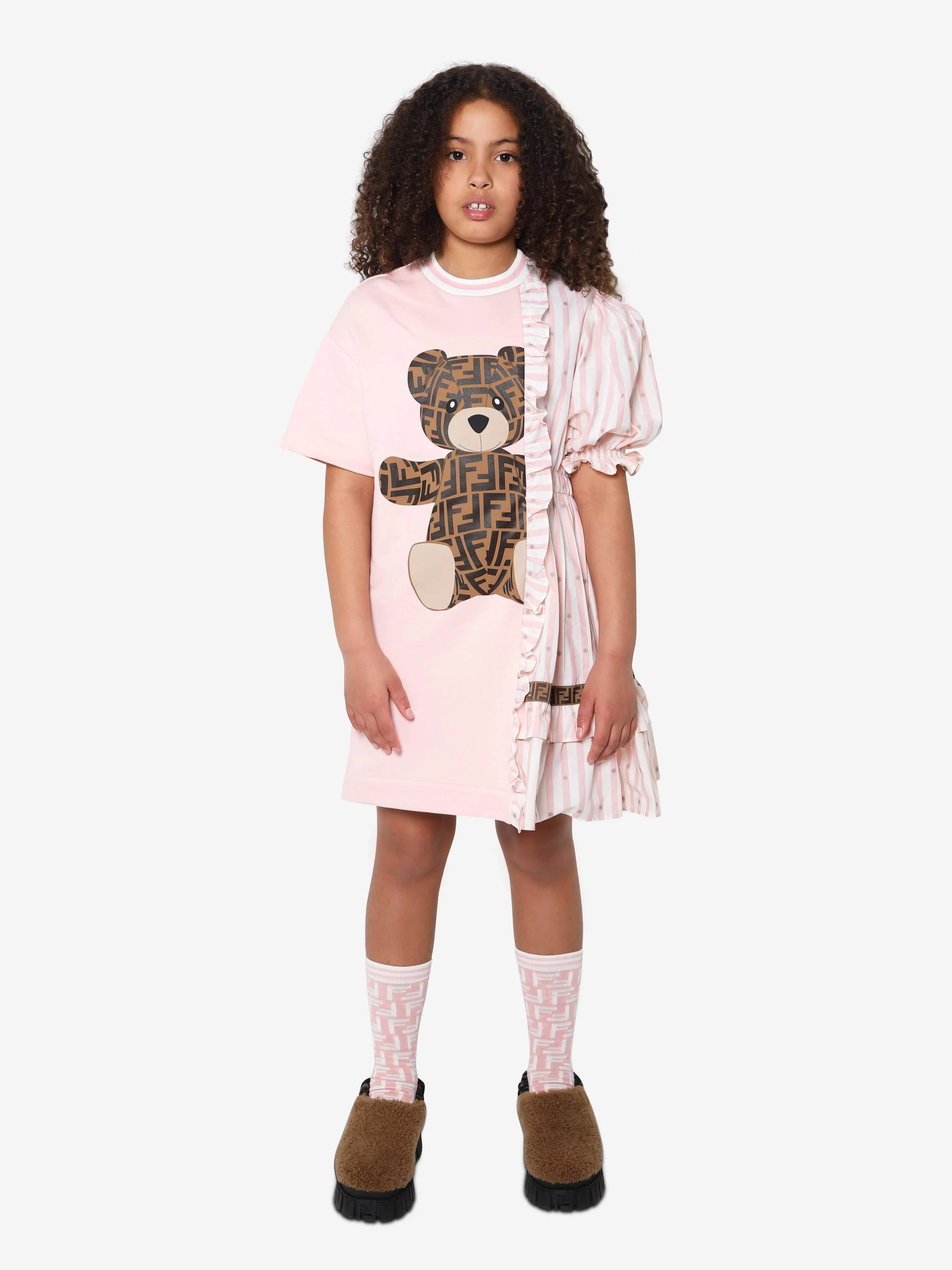 Fendi Girls Double Fabic Bear Dress in Pink