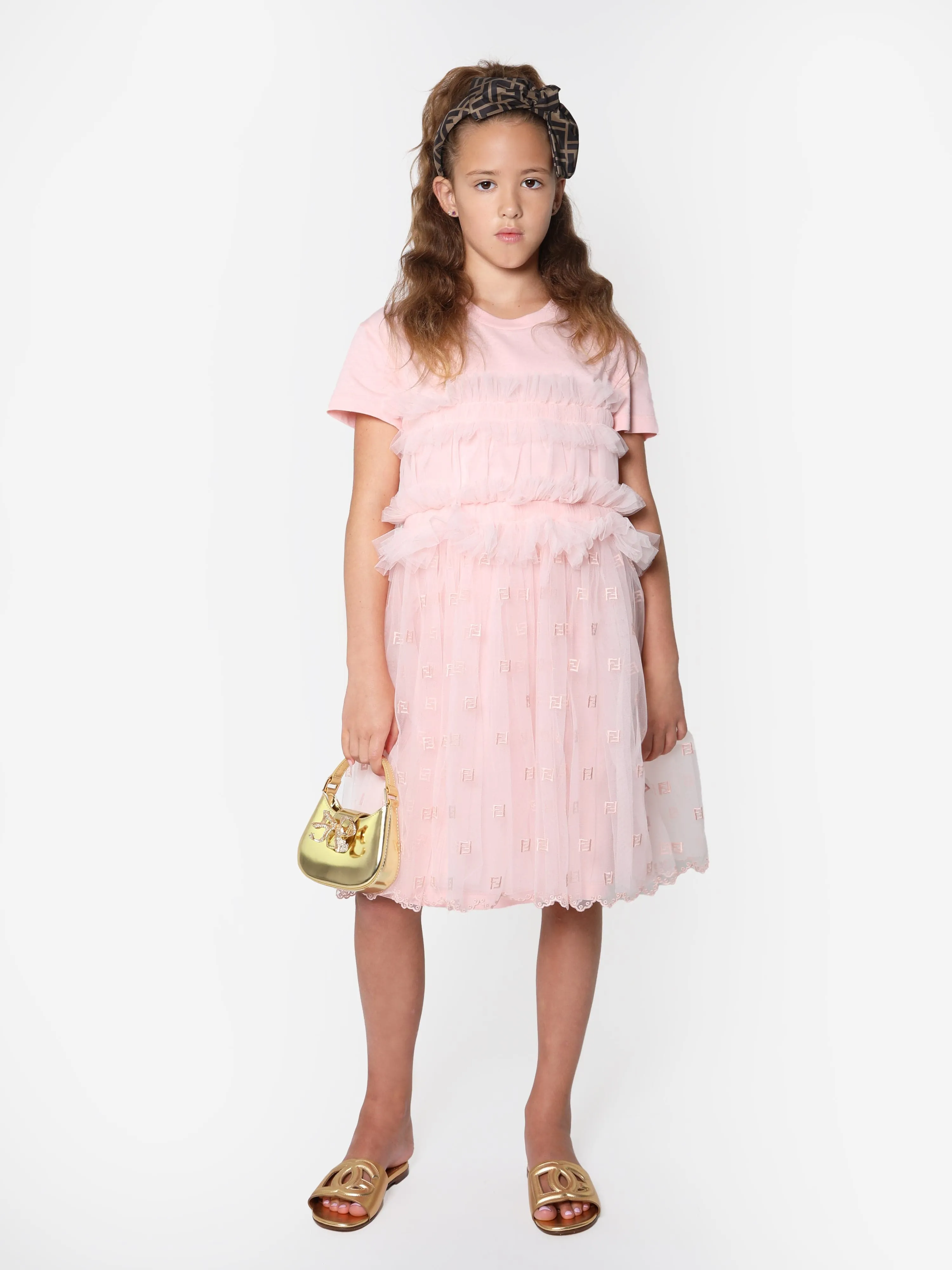 Fendi Girls Ruched Jersey Dress in Pink