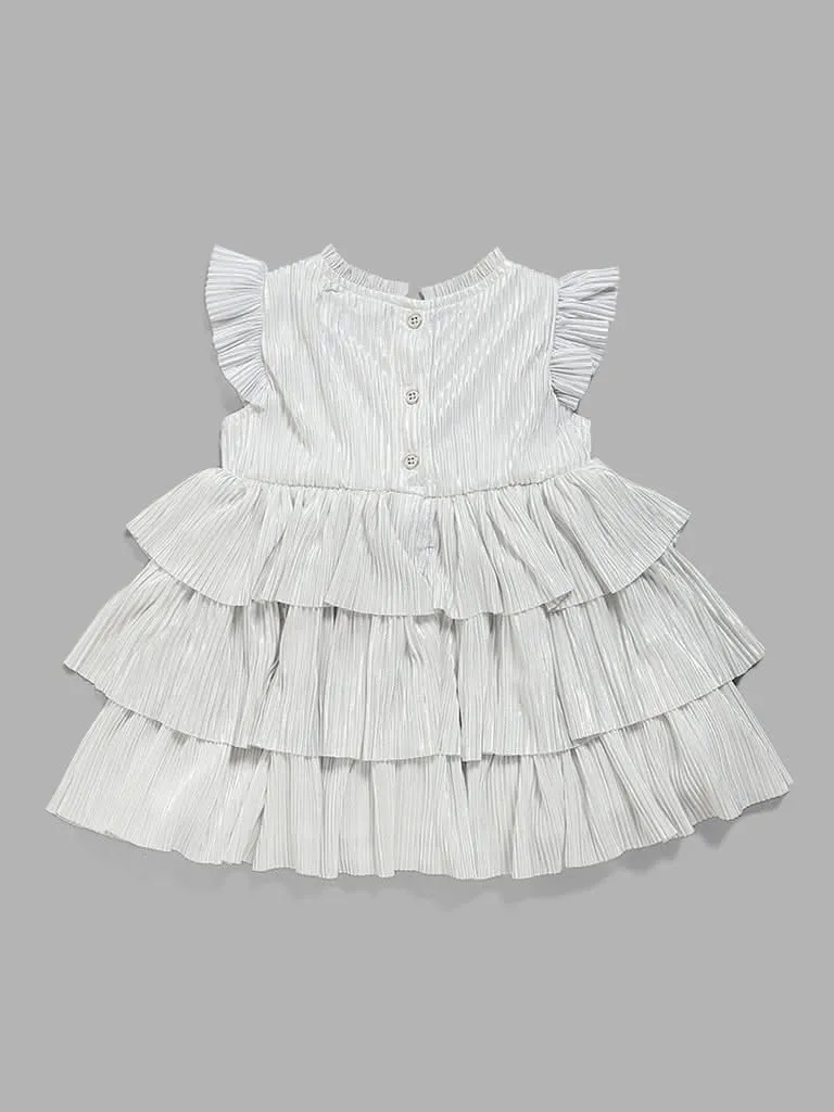 HOP Baby White Self Striped Tiered Dress