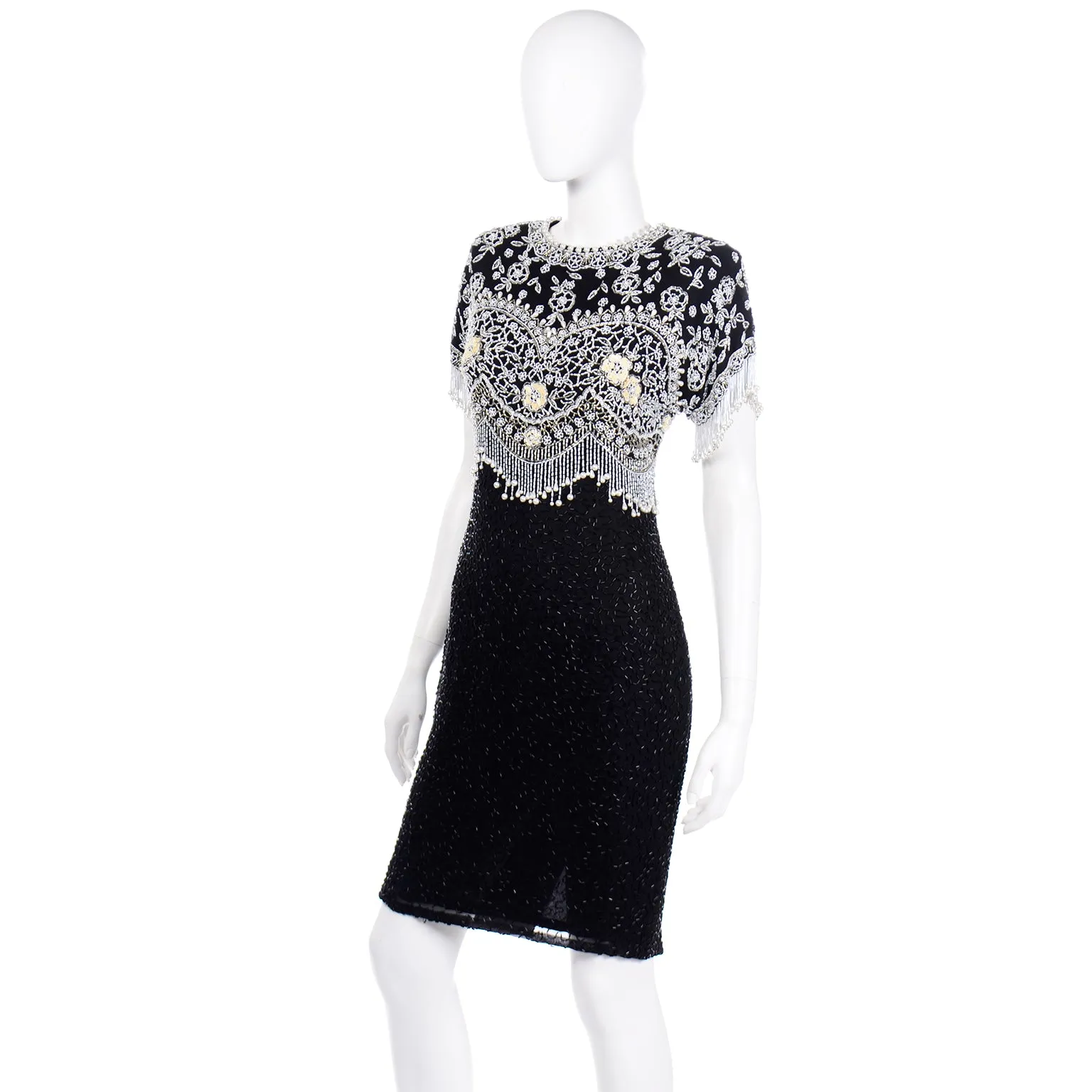 Lillie Rubin Vintage Beaded Black Silk Evening Dress with Pearls