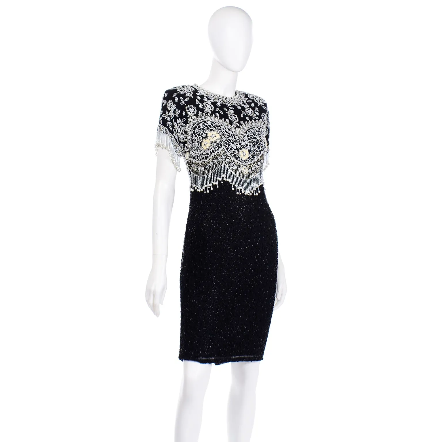 Lillie Rubin Vintage Beaded Black Silk Evening Dress with Pearls