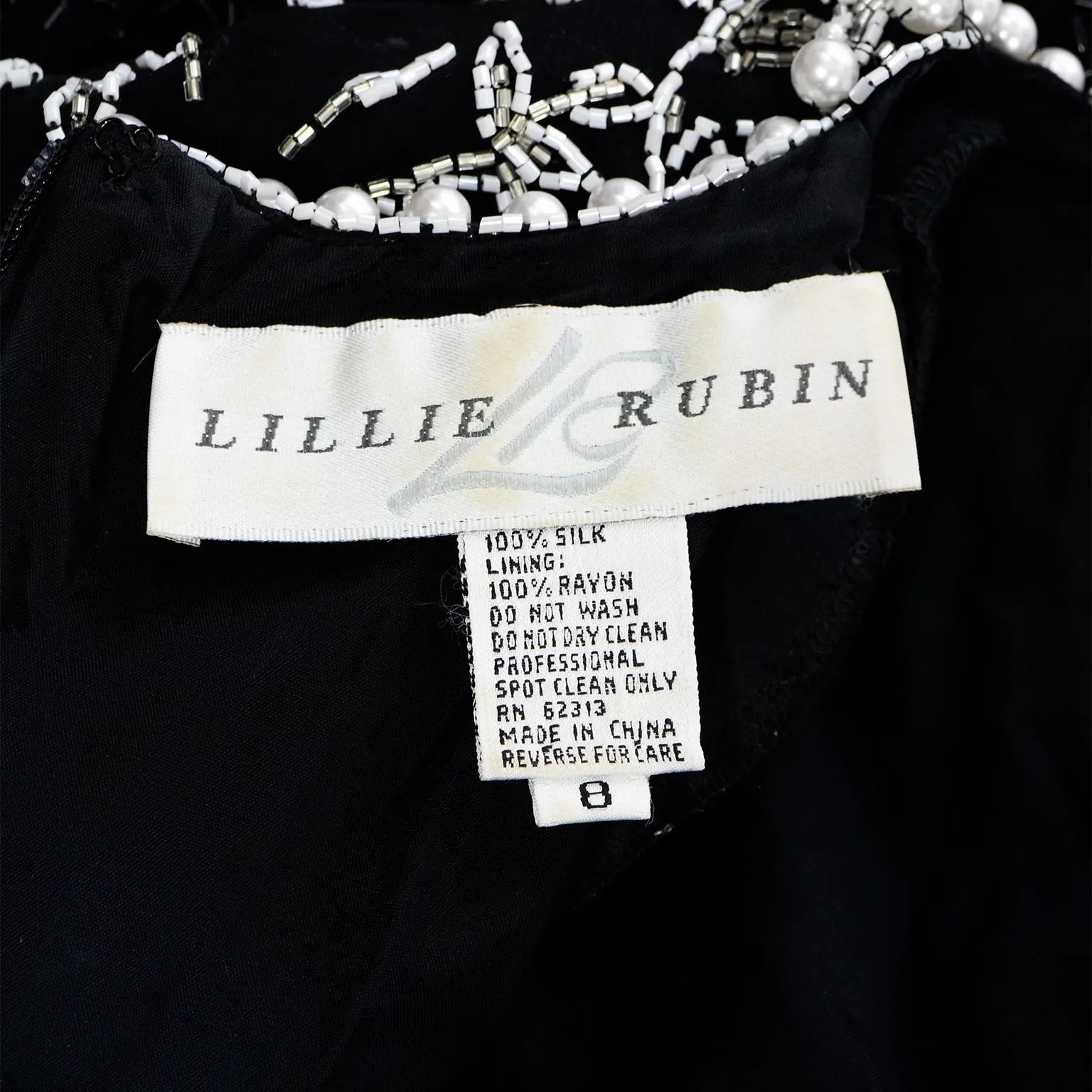 Lillie Rubin Vintage Beaded Black Silk Evening Dress with Pearls