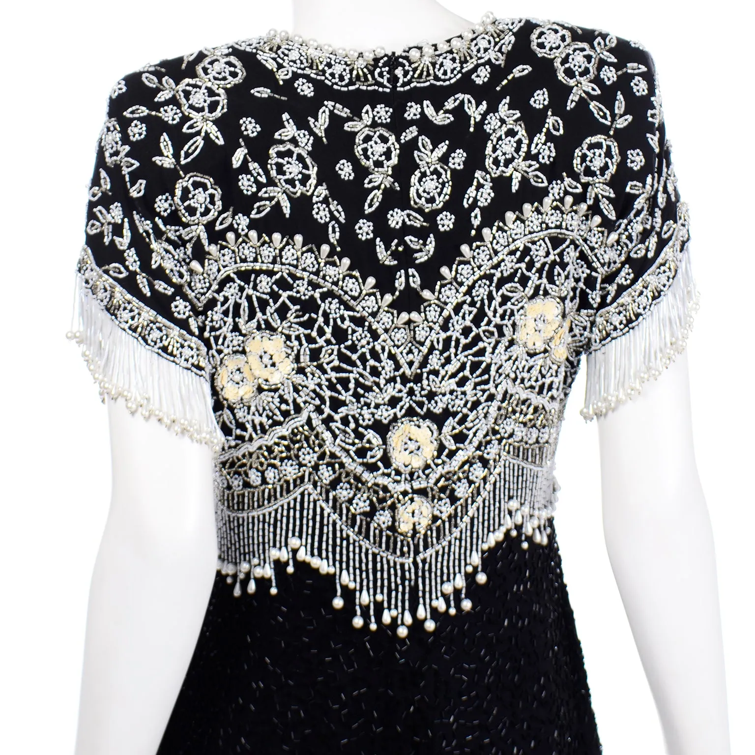 Lillie Rubin Vintage Beaded Black Silk Evening Dress with Pearls