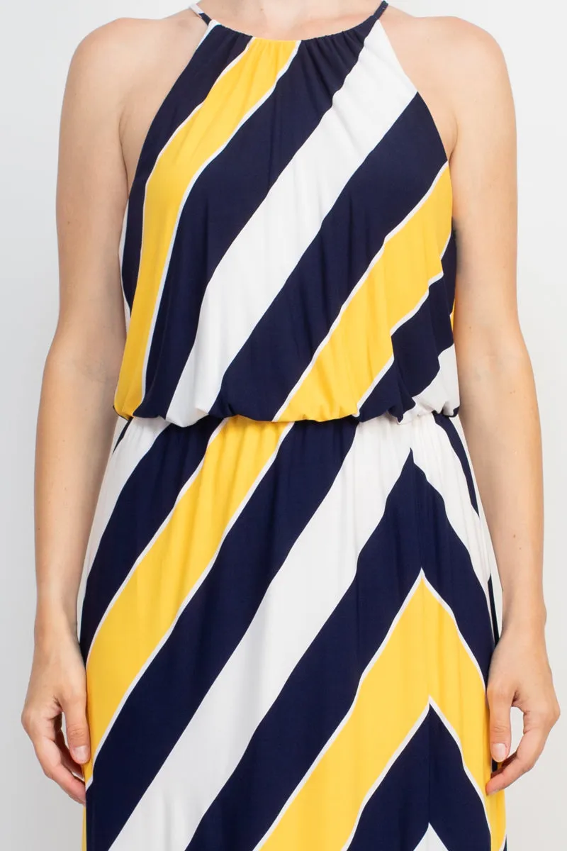 London Times Halter Neck Blouson Slit Front Keyhole Back Matte Jersey Dress