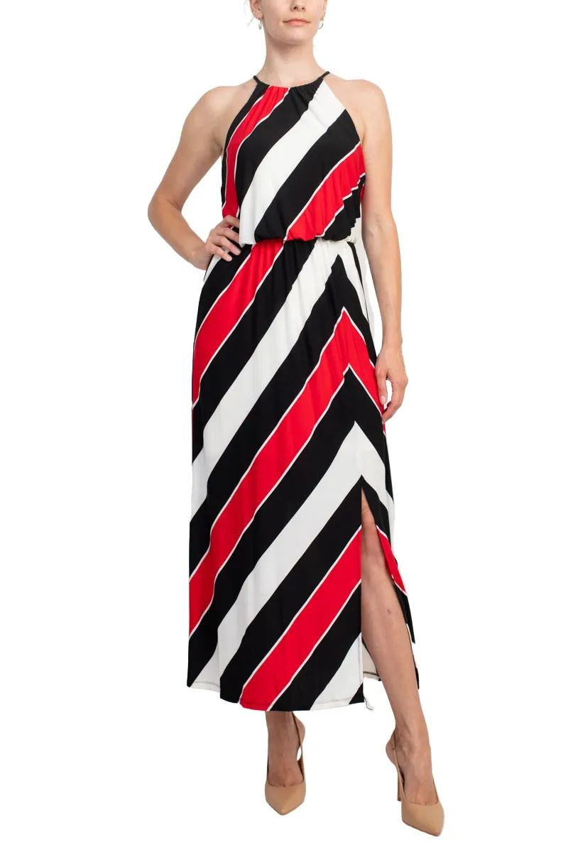London Times Halter Neck Blouson Slit Front Keyhole Back Matte Jersey Dress
