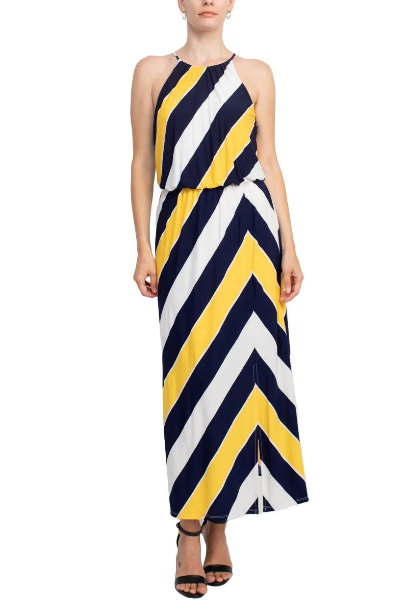 London Times Halter Neck Blouson Slit Front Keyhole Back Matte Jersey Dress