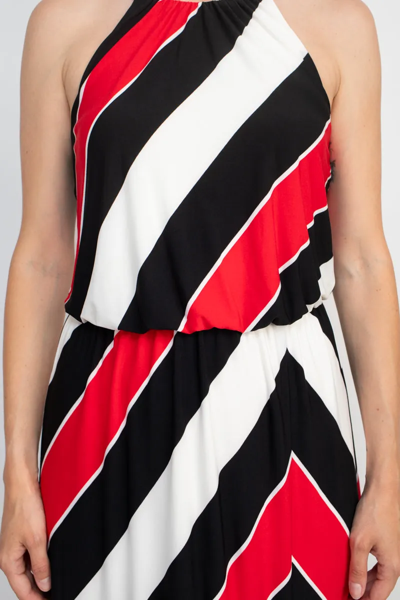 London Times Halter Neck Blouson Slit Front Keyhole Back Matte Jersey Dress