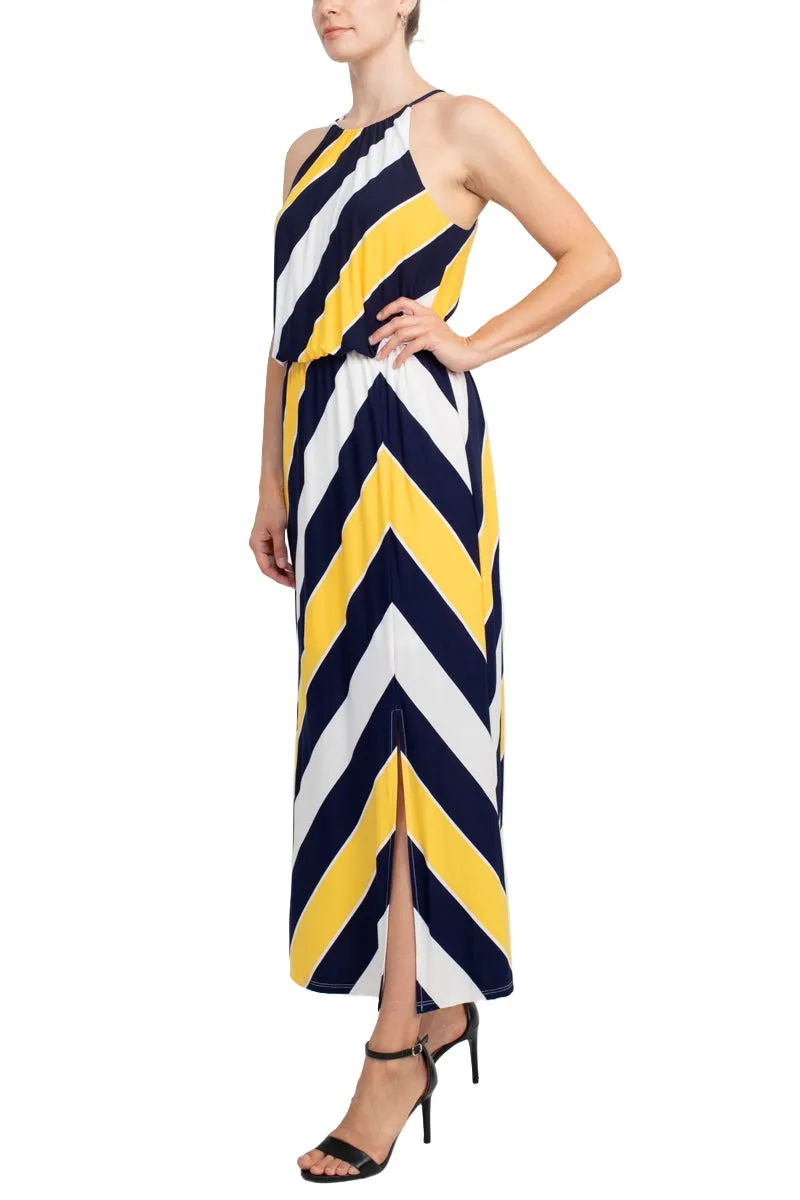 London Times Halter Neck Blouson Slit Front Keyhole Back Matte Jersey Dress