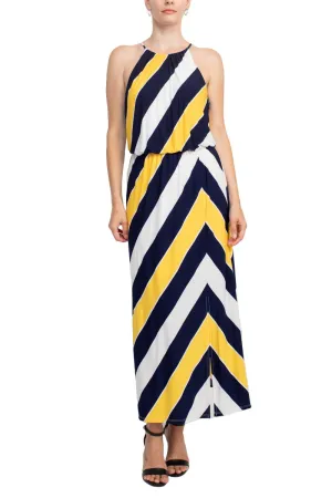 London Times Halter Neck Blouson Slit Front Keyhole Back Matte Jersey Dress