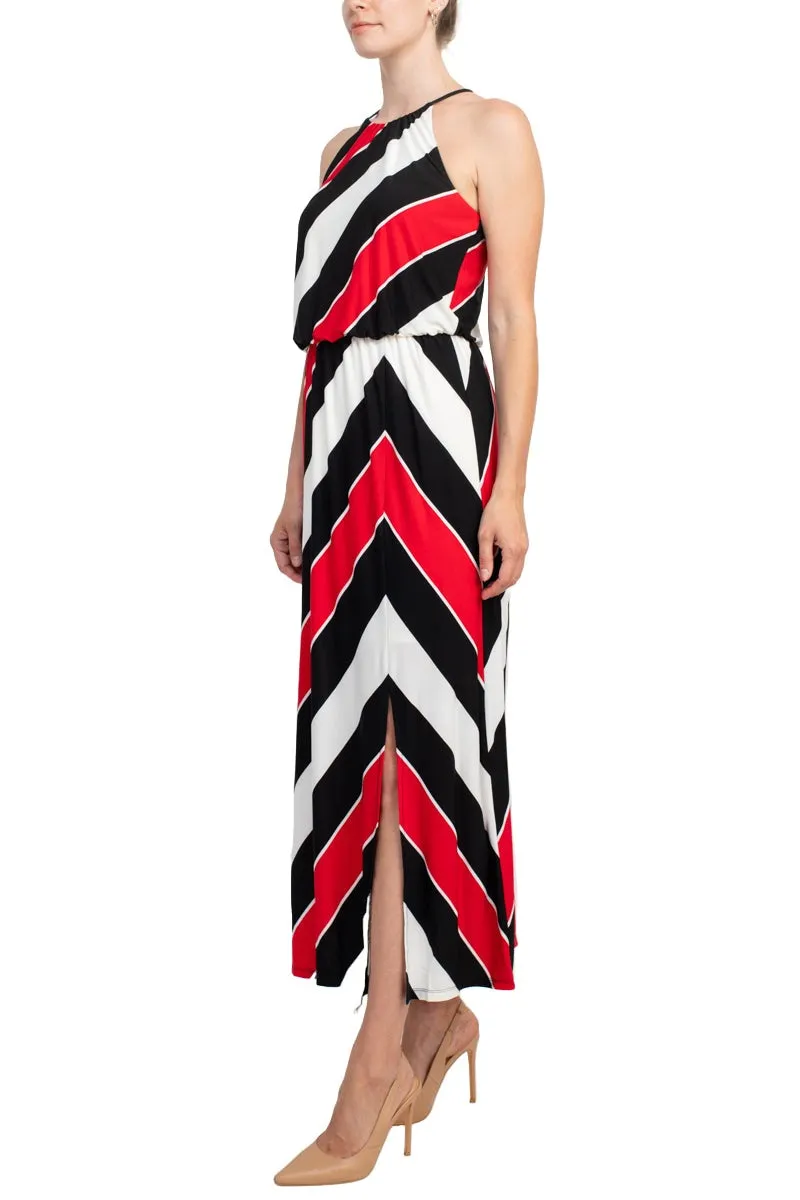 London Times Halter Neck Blouson Slit Front Keyhole Back Matte Jersey Dress