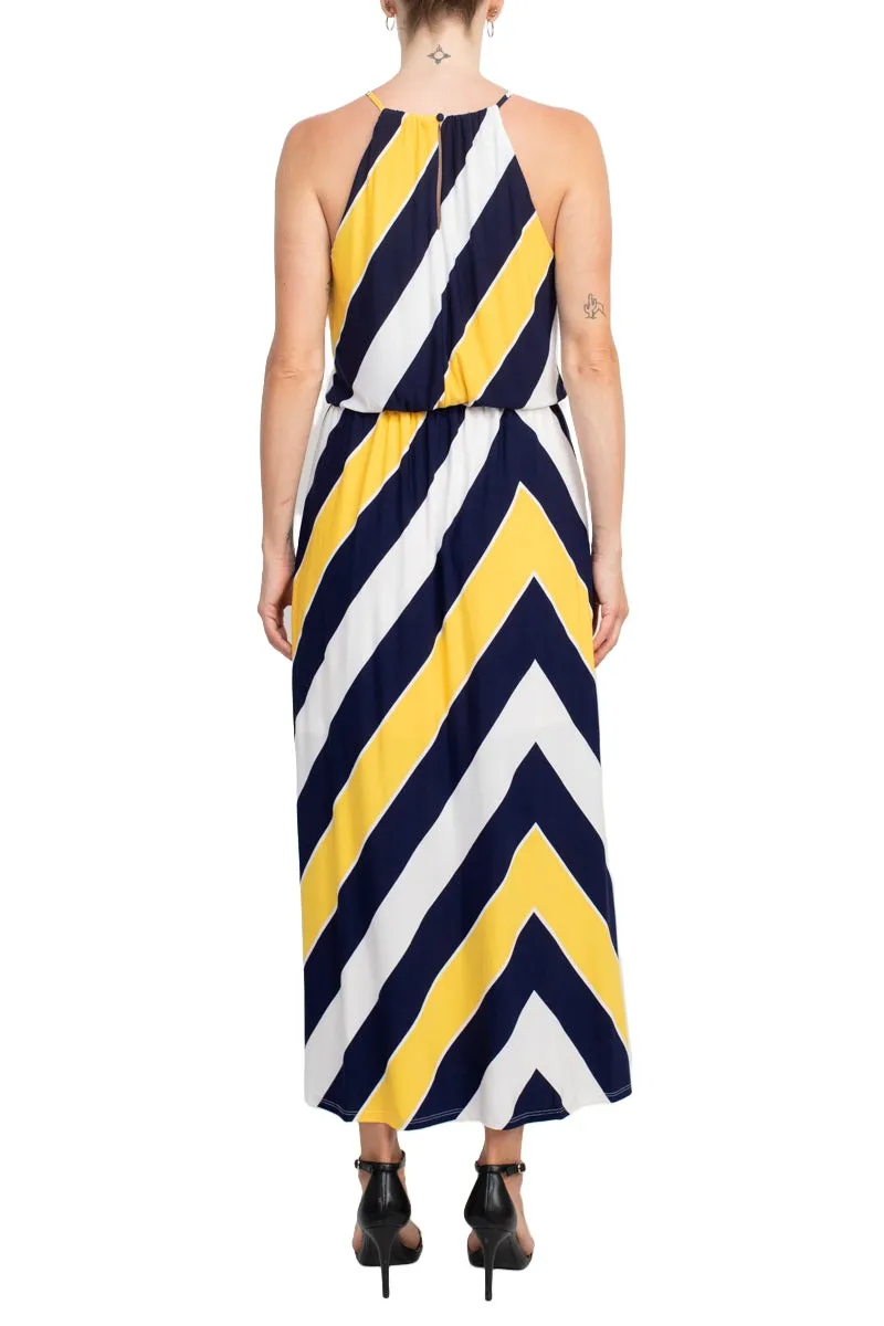 London Times Halter Neck Blouson Slit Front Keyhole Back Matte Jersey Dress