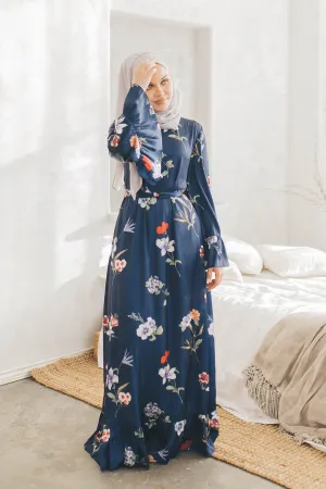 Madison Satin Floral Dress- Navy Blue
