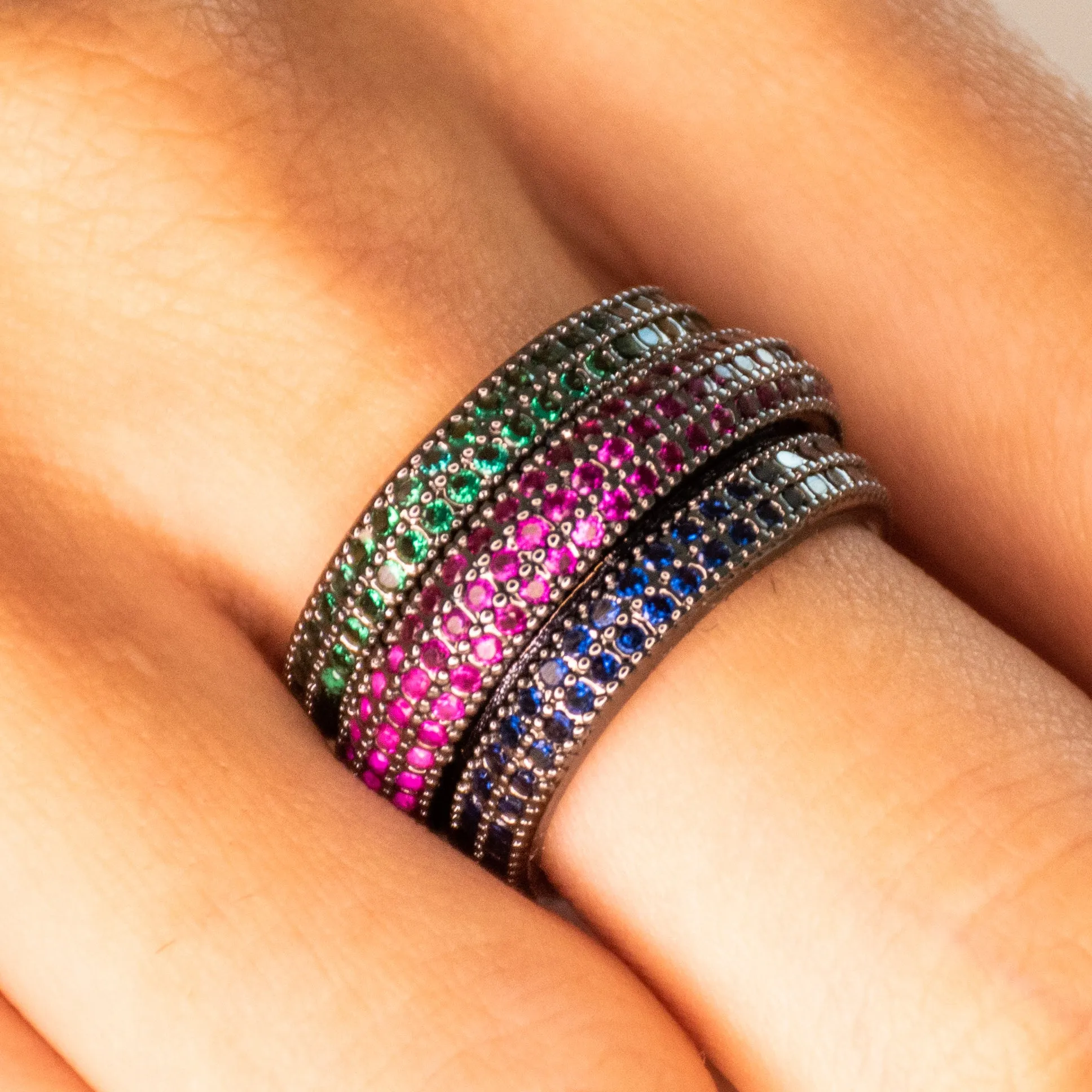 Midnight Rainbow Triplet Ring