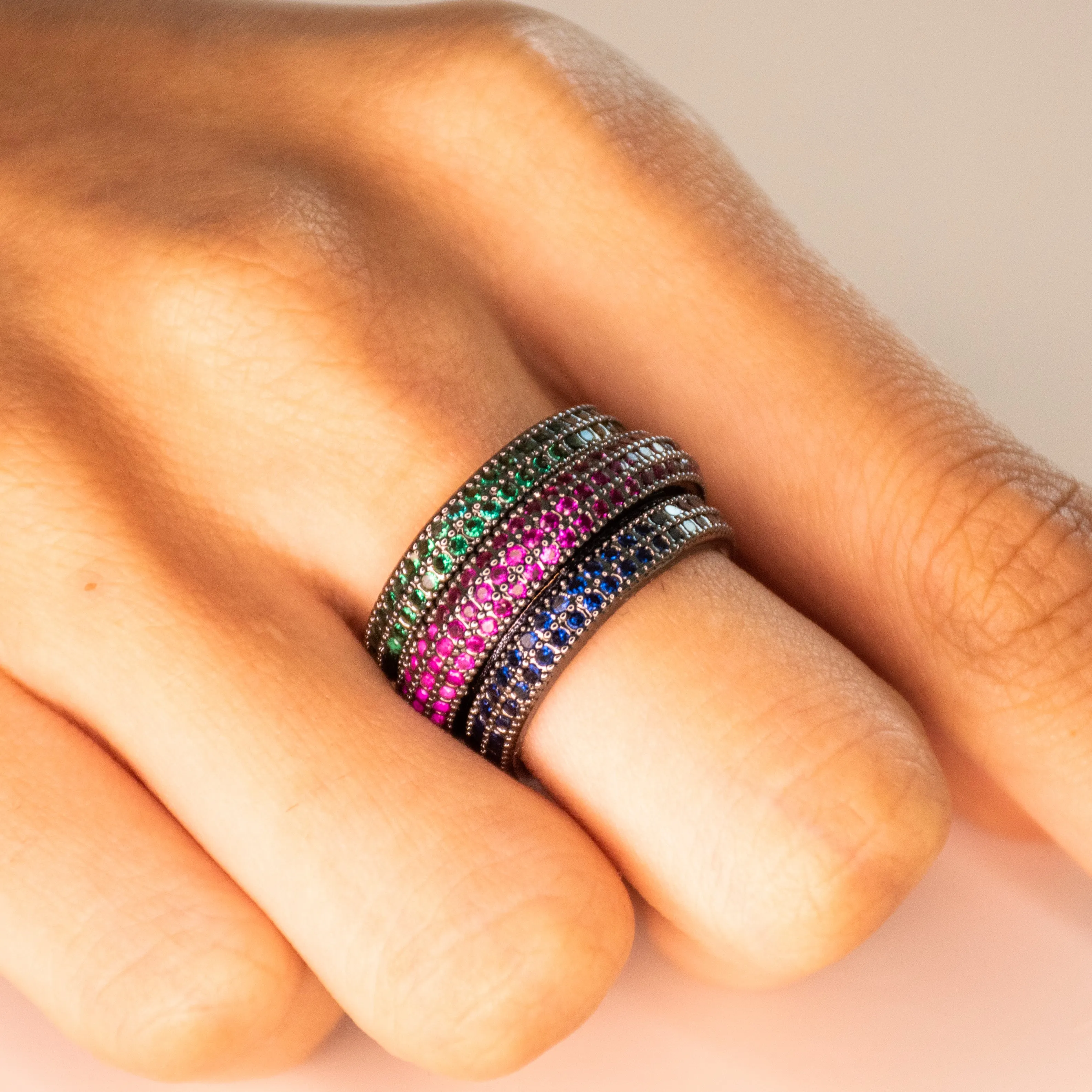 Midnight Rainbow Triplet Ring