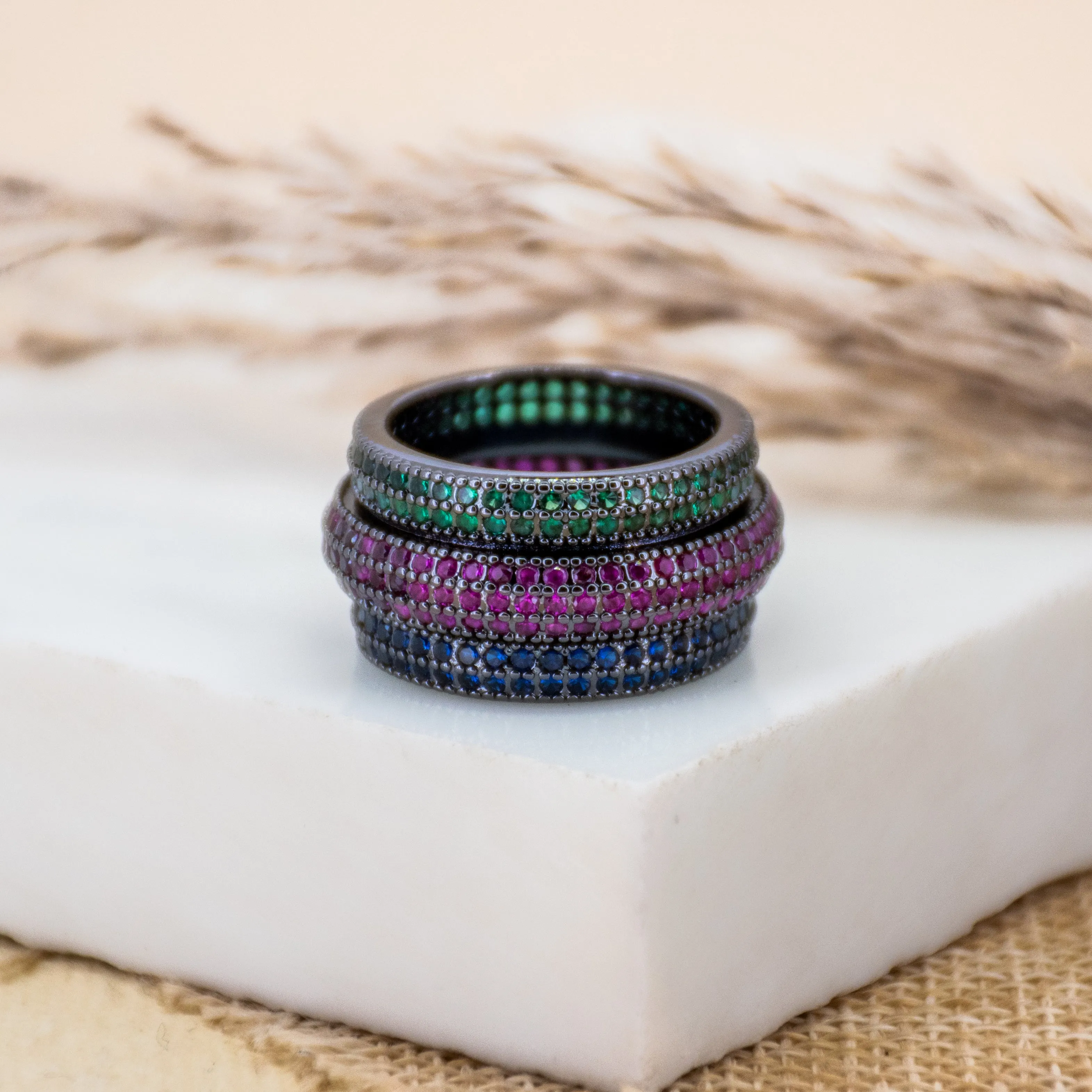 Midnight Rainbow Triplet Ring