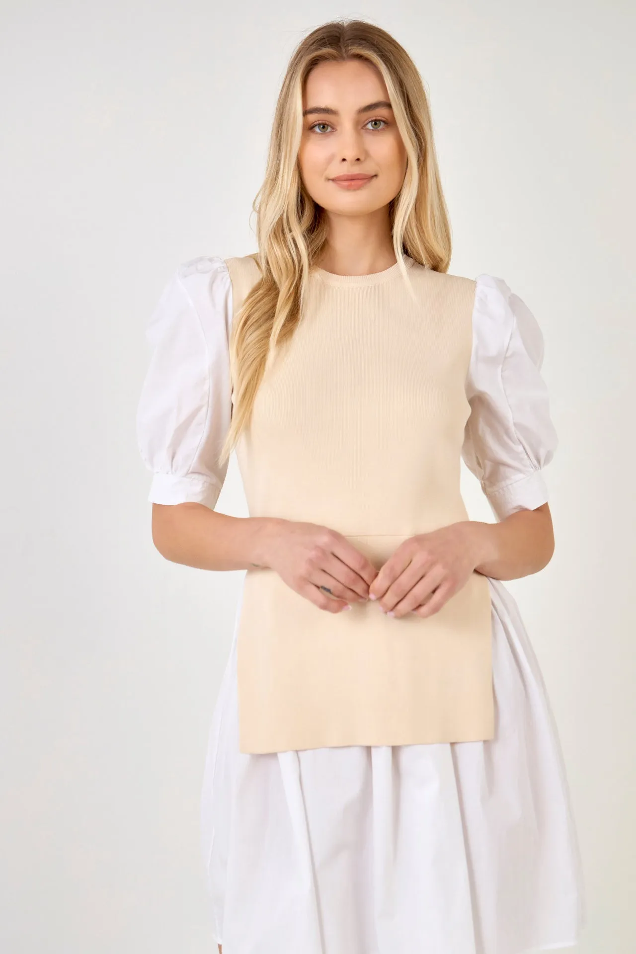 Mixed Media Puff Sleeve Mini Dress - Sale