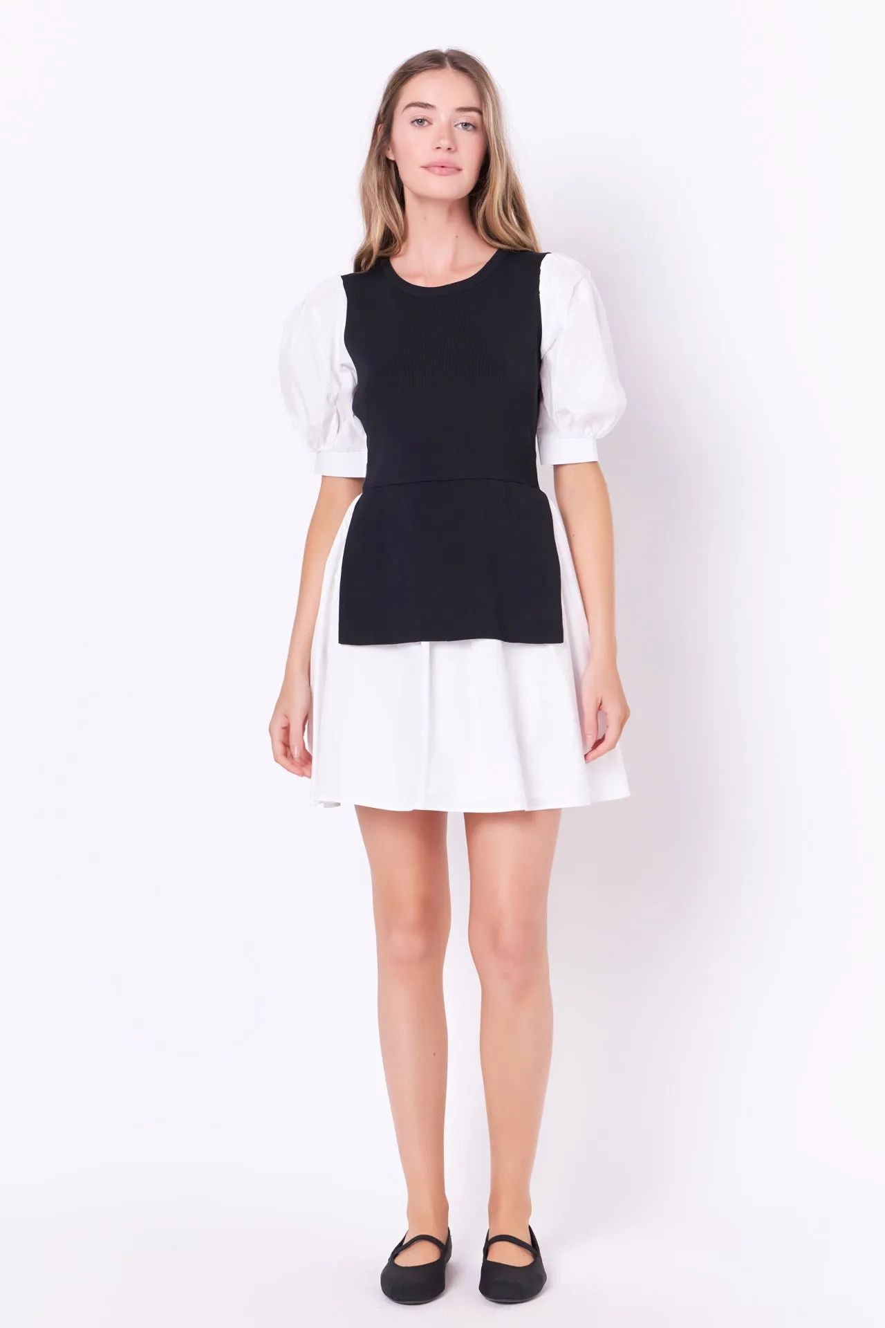 Mixed Media Puff Sleeve Mini Dress - Sale