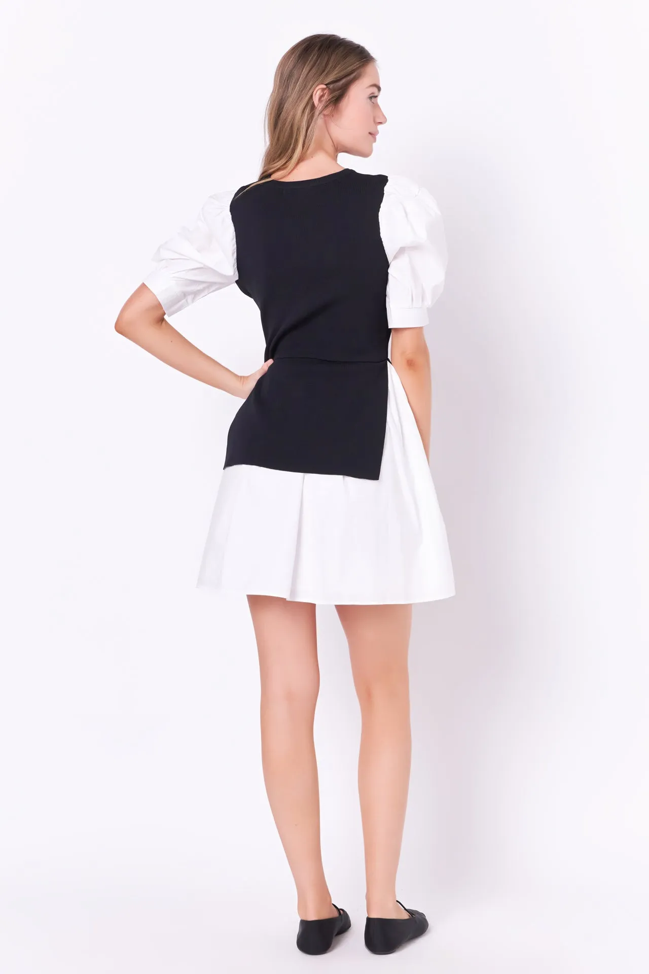 Mixed Media Puff Sleeve Mini Dress - Sale