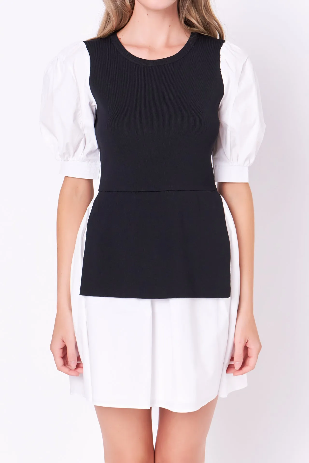 Mixed Media Puff Sleeve Mini Dress - Sale
