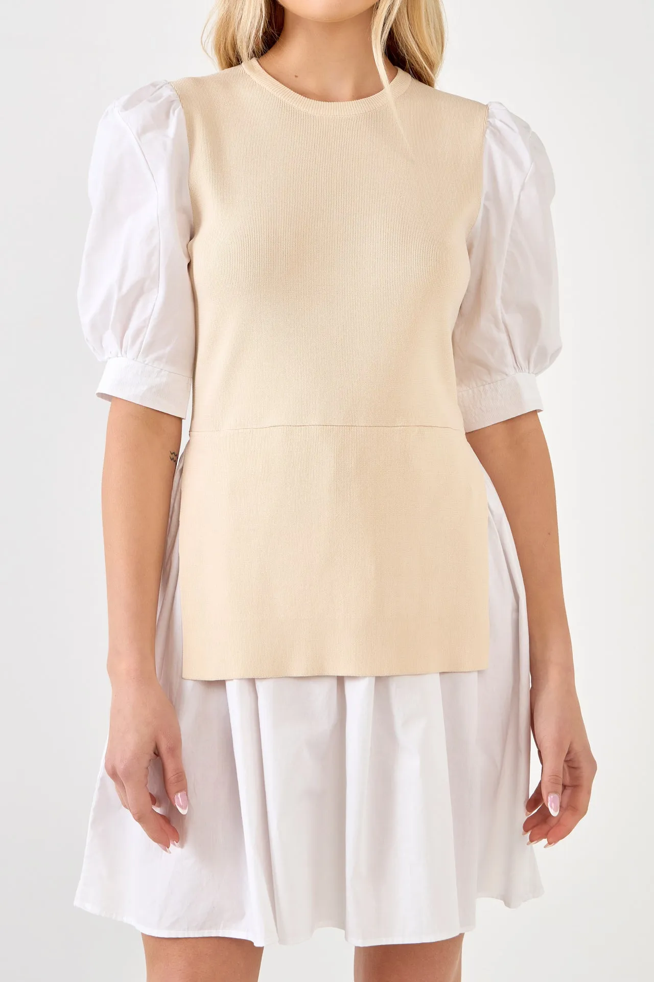 Mixed Media Puff Sleeve Mini Dress - Sale