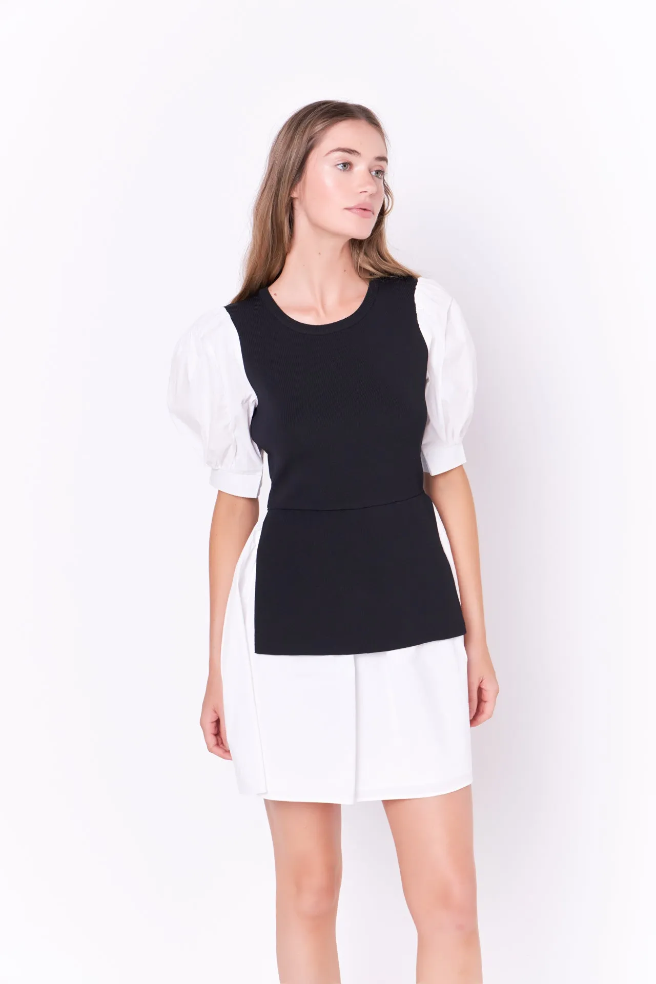 Mixed Media Puff Sleeve Mini Dress - Sale