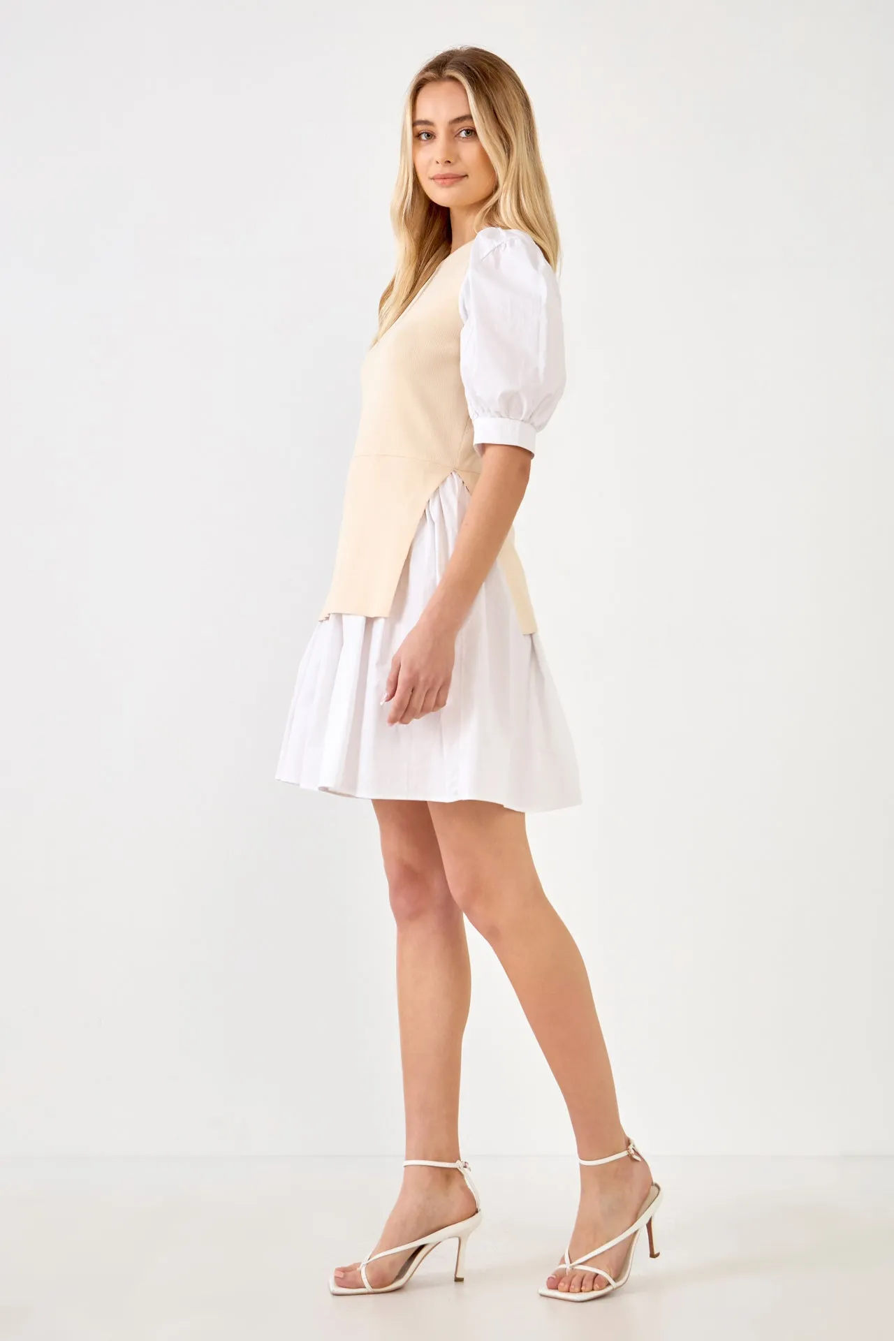 Mixed Media Puff Sleeve Mini Dress - Sale