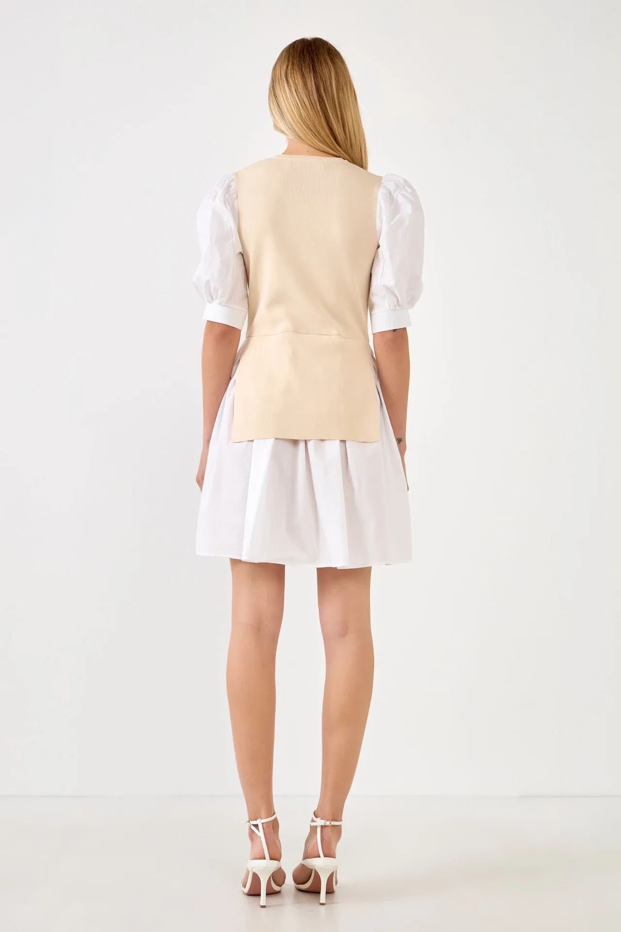 Mixed Media Puff Sleeve Mini Dress - Sale