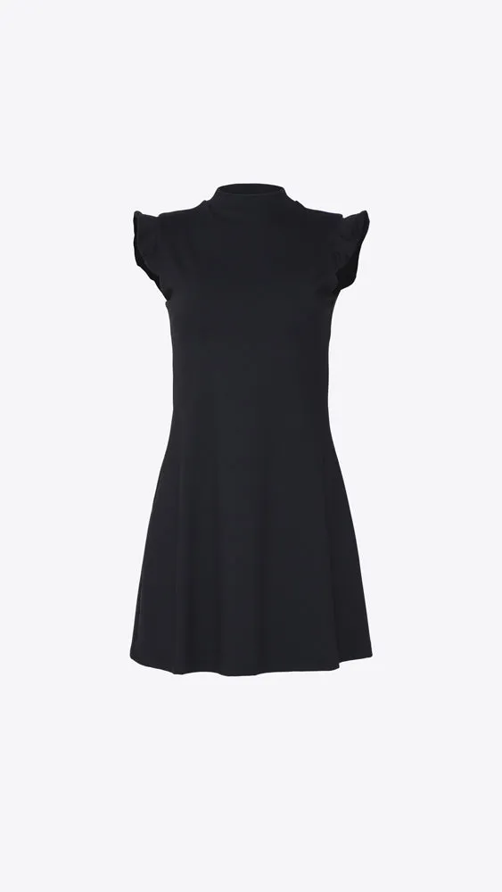 Mock Neck SS Ruffle Dress - Black